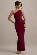 Burgundy One - Shoulder Burgundy Mermaid Gown with Ruched Waist Detai Floor - Length Bodycon Fit Perfect for Formal Proms -Tie Galas and Glamorous Evening