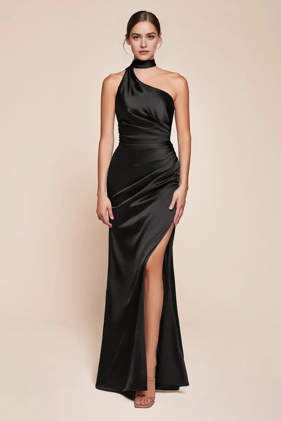 Burgundy One - Shoulder Prom Dress with Ruched Detailing and High Side Slit for Formal Occasions