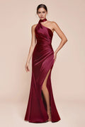 Burgundy One - Shoulder Prom Dress with Ruched Detailing and High Side Slit for Formal Occasions