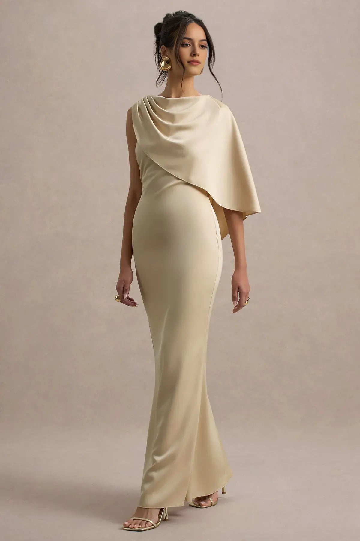 Champagne One - Shoulder Prom Dress with Asymmetric Draped Capelet Figure - Hugging Silhouette for Formal Evening Events