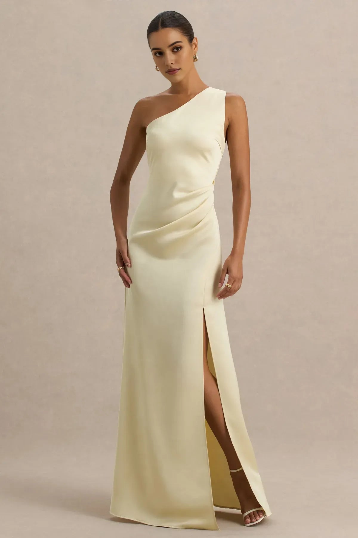Champagne One - Shoulder Prom Dress with Side Ruche Detail and High Thigh Slit