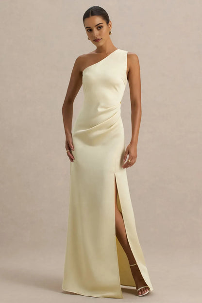 Luxurious Red Slit A-Line One-Shoulder Classic-Sleeve Classic-Back Floor-Length Prom Dress