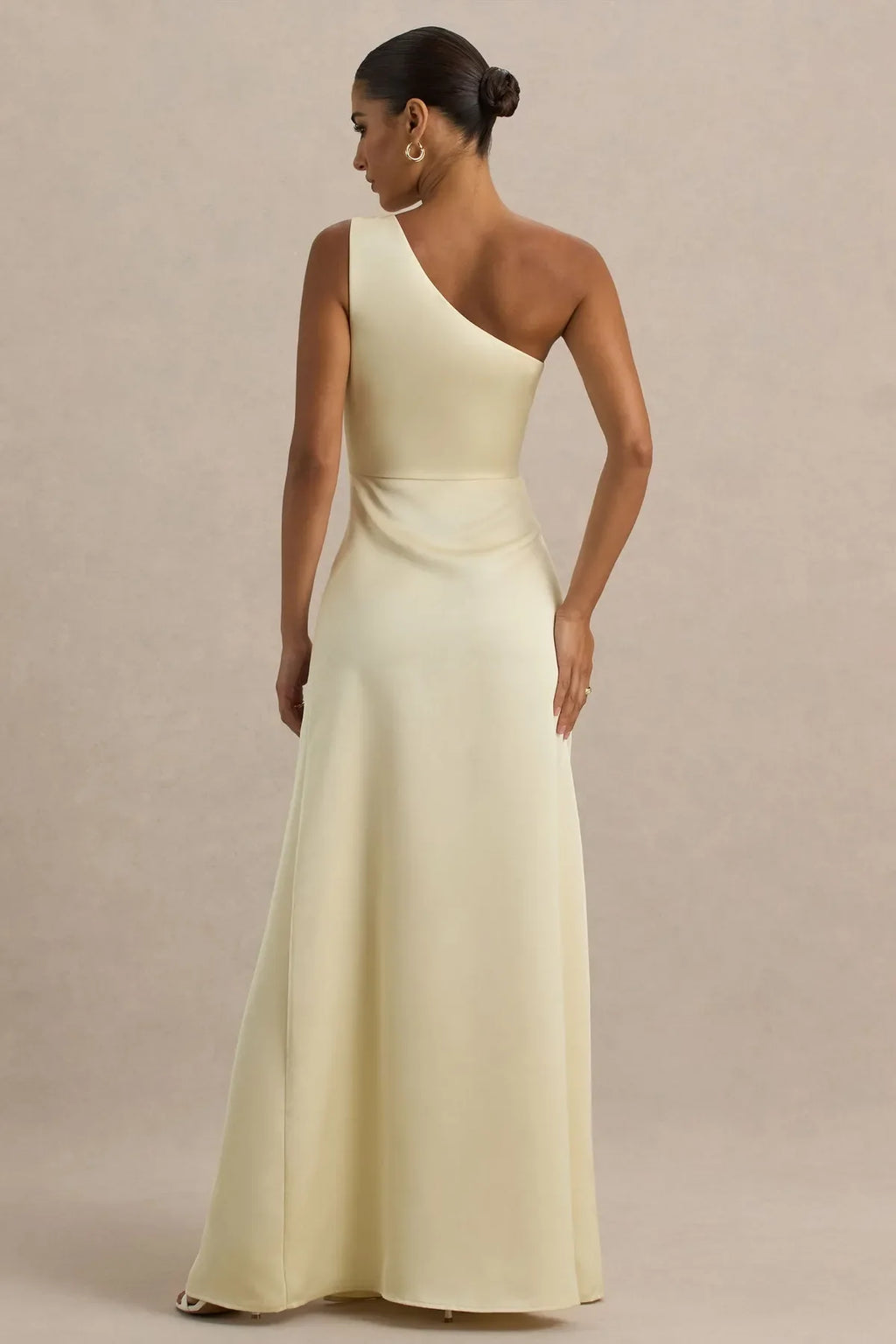 Champagne One - Shoulder Prom Dress with Side Ruche Detail and High Thigh Slit