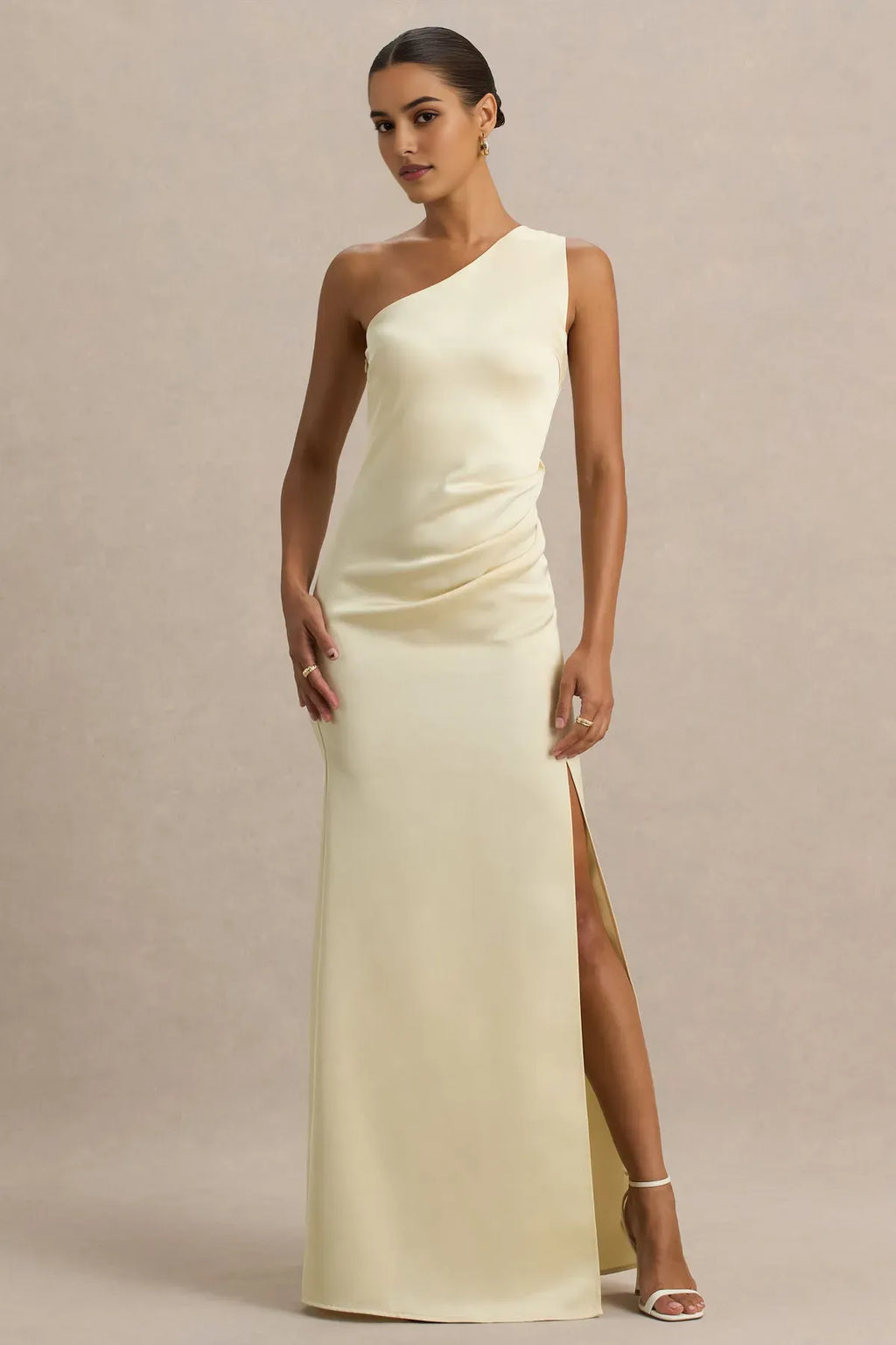 Champagne One - Shoulder Prom Dress with Side Ruche Detail and High Thigh Slit