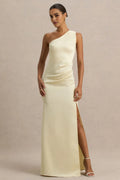 Champagne One - Shoulder Prom Dress with Side Ruche Detail and High Thigh Slit