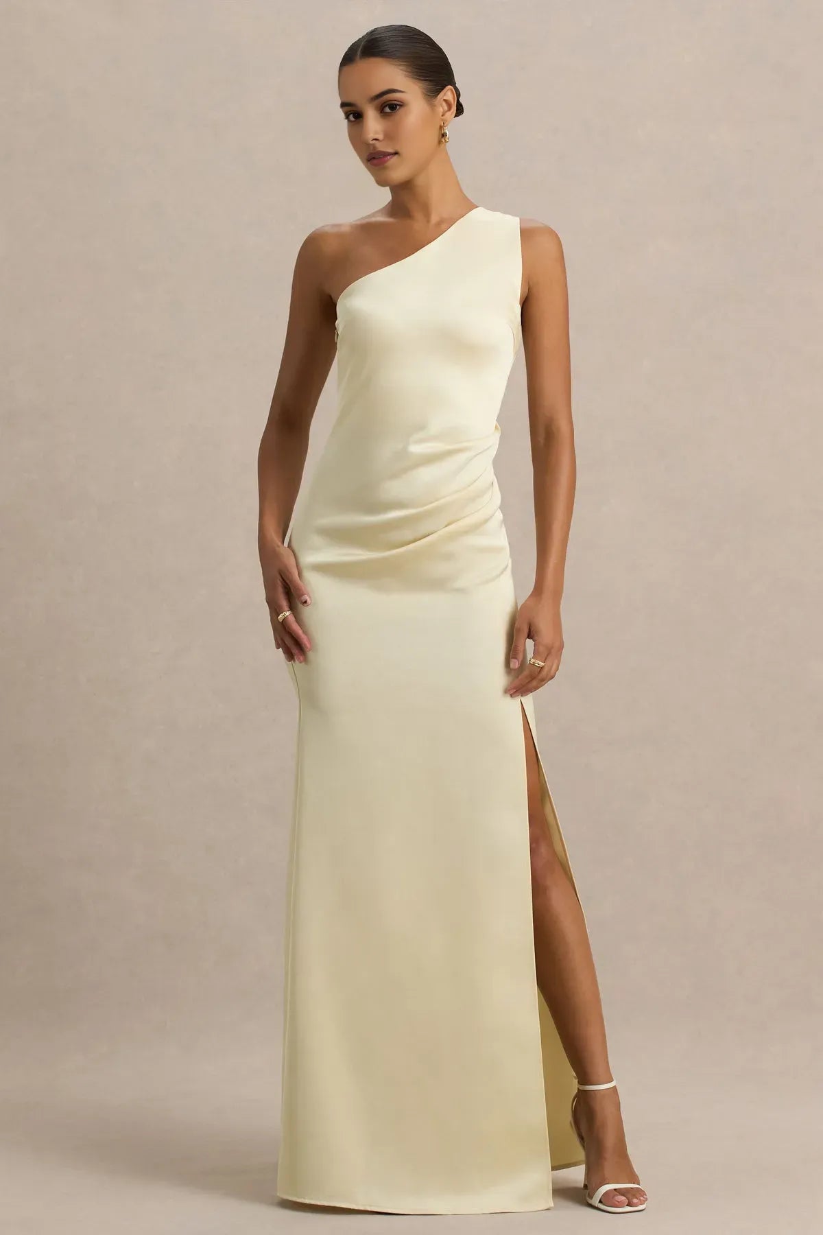 Champagne One - Shoulder Prom Dress with Side Ruche Detail and High Thigh Slit