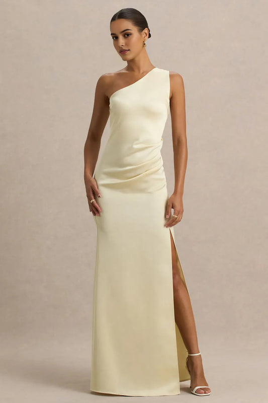 Luxurious Red Slit A-Line One-Shoulder Classic-Sleeve Classic-Back Floor-Length Prom Dress