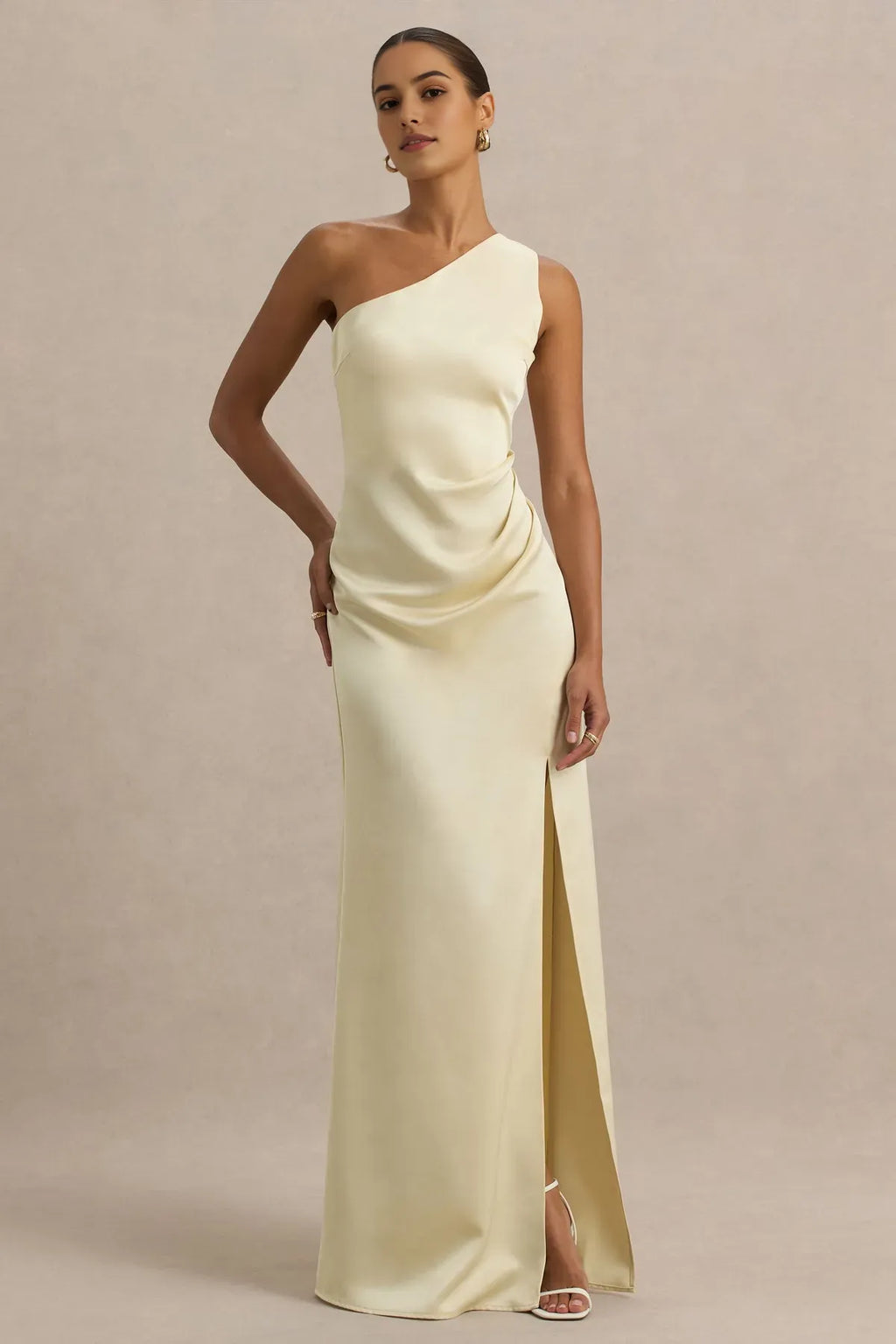 Champagne One - Shoulder Prom Dress with Side Ruche Detail and High Thigh Slit
