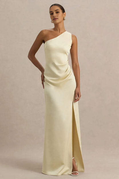Luxurious Red Slit A-Line One-Shoulder Classic-Sleeve Classic-Back Floor-Length Prom Dress