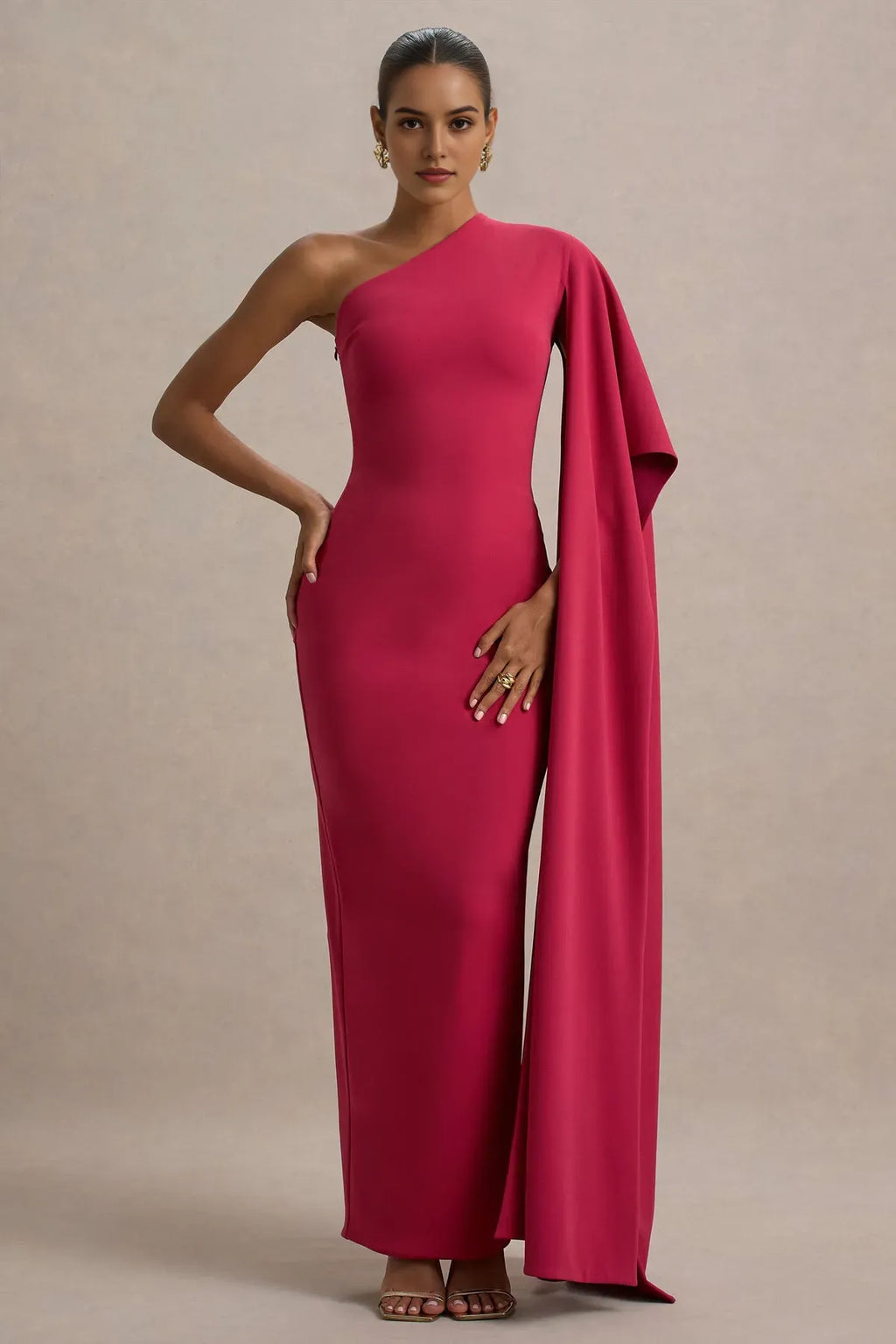 One - Shoulder Fuchsia Prom Dress with Asymmetric Cape Sleeve and Body - Hugging Silhouette