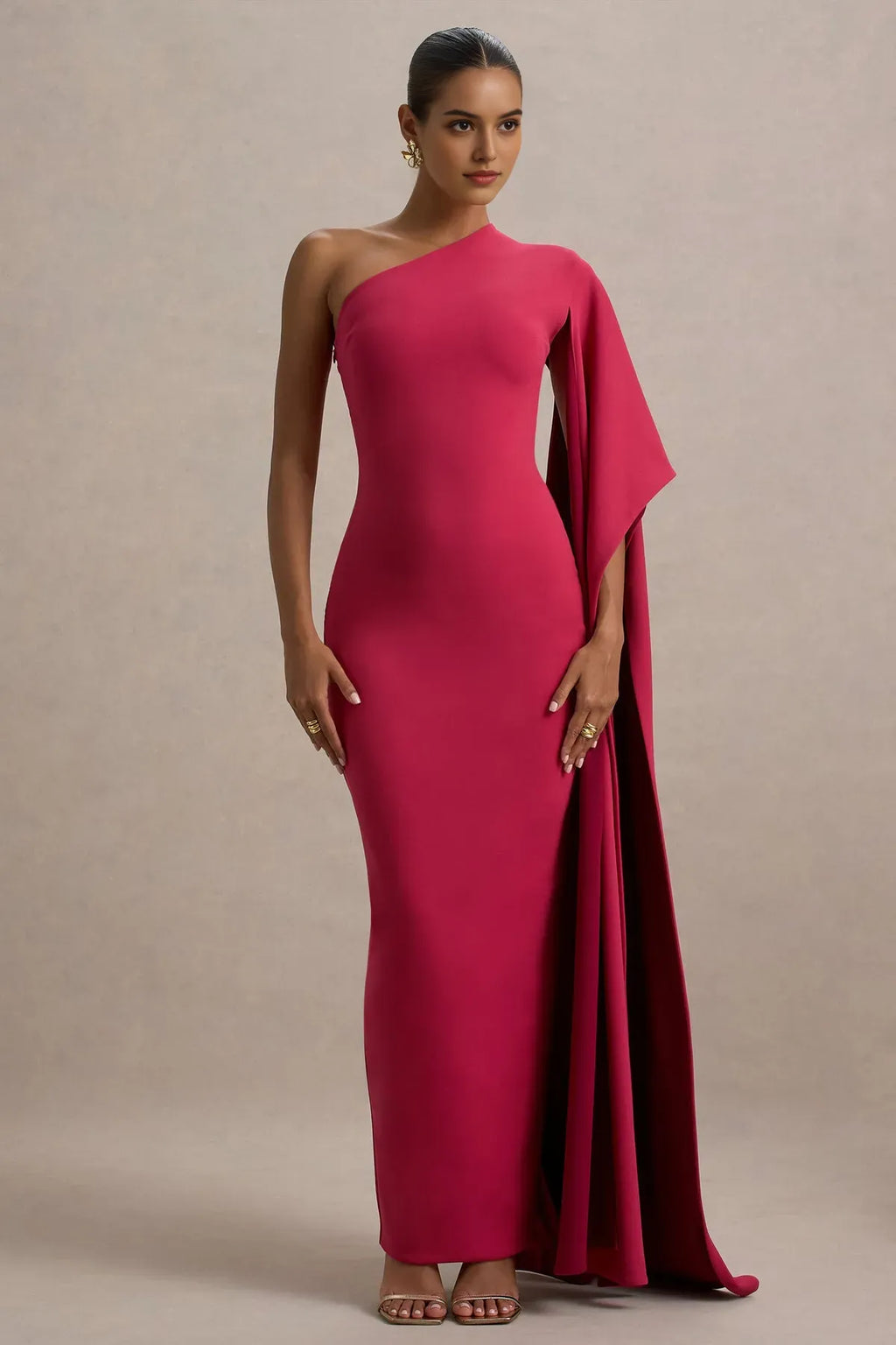 One - Shoulder Fuchsia Prom Dress with Asymmetric Cape Sleeve and Body - Hugging Silhouette