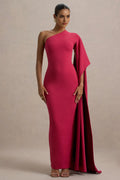 One - Shoulder Fuchsia Prom Dress with Asymmetric Cape Sleeve and Body - Hugging Silhouette