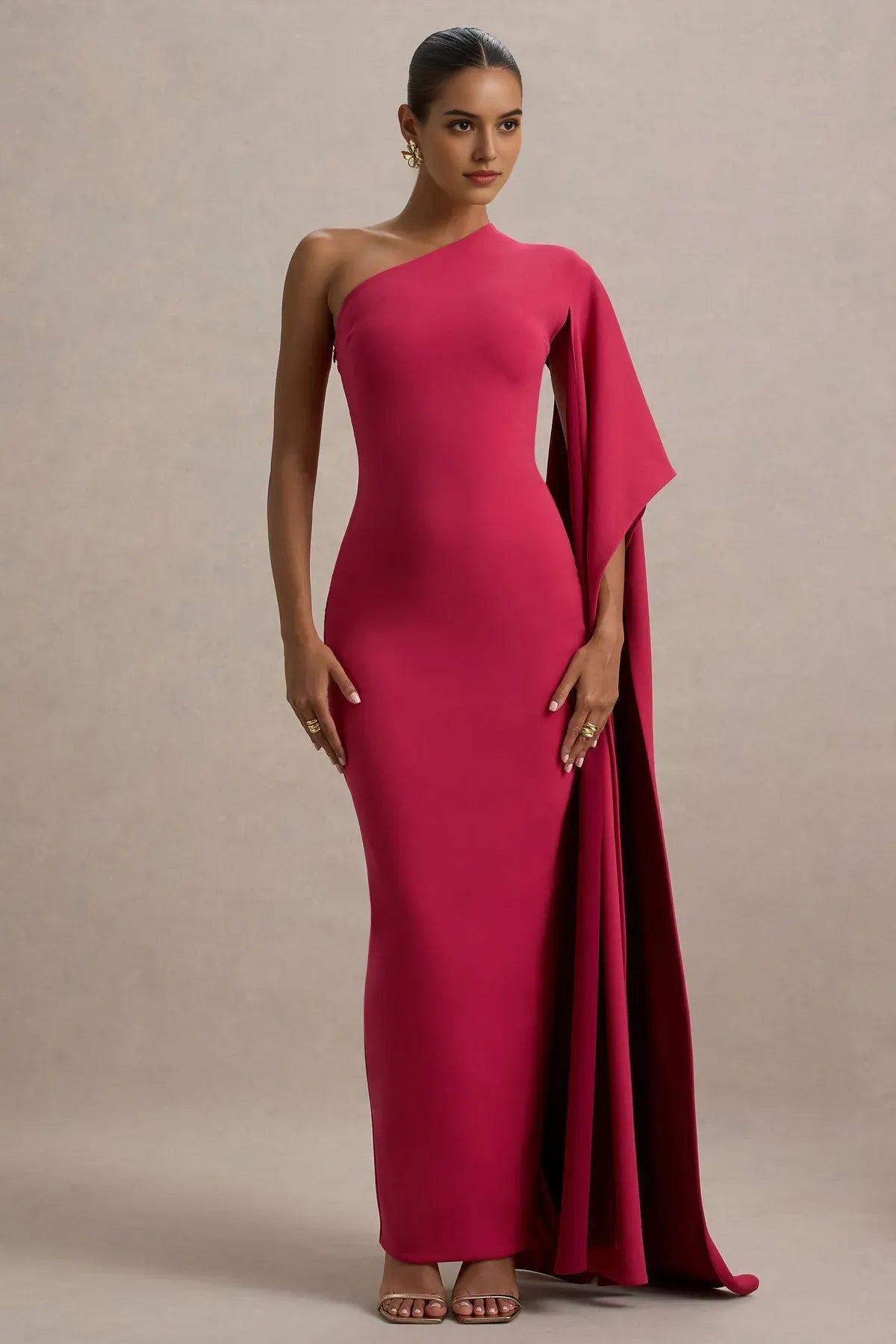 One - Shoulder Fuchsia Prom Dress with Asymmetric Cape Sleeve and Body - Hugging Silhouette