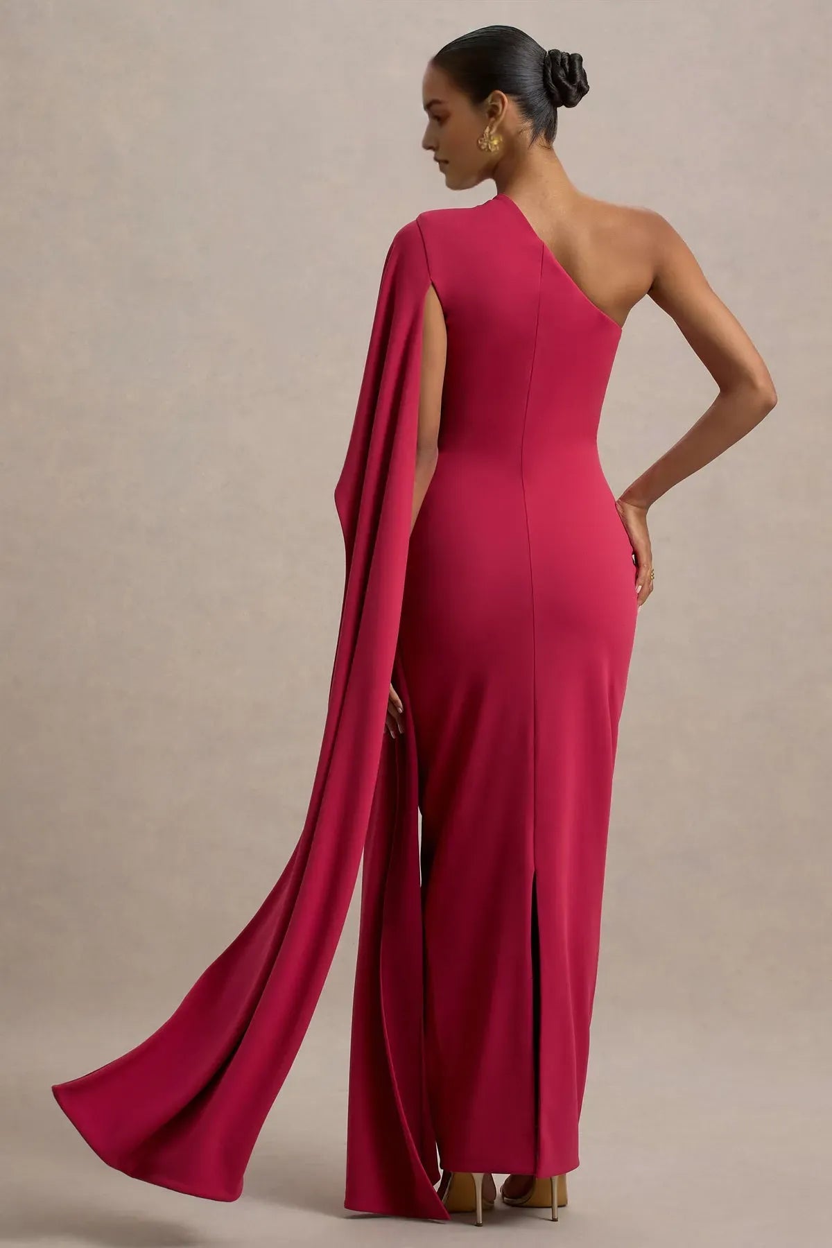 One - Shoulder Fuchsia Prom Dress with Asymmetric Cape Sleeve and Body - Hugging Silhouette