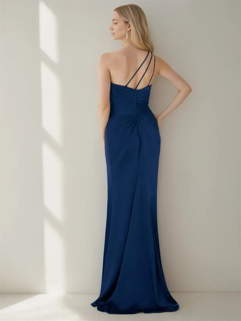 Navy Blue One - Shoulder Mother of the Bride Dress Floral Embellishment Side Slit
