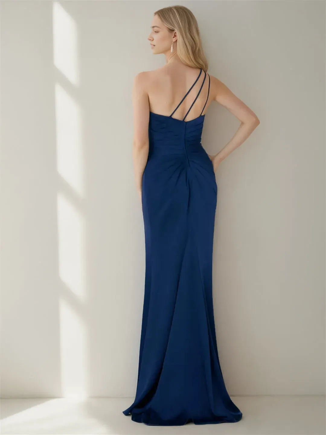 Navy Blue One - Shoulder Mother of the Bride Dress Floral Embellishment Side Slit