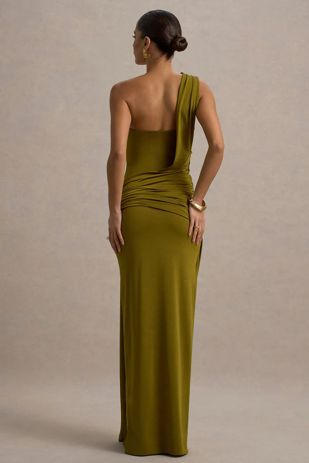 Green One - Shoulder Olive Prom Dress with Draped Detail Ruched Waist and High Side Slit Perfect for Formal Galas Evening Soirees and Glamorous Occasions