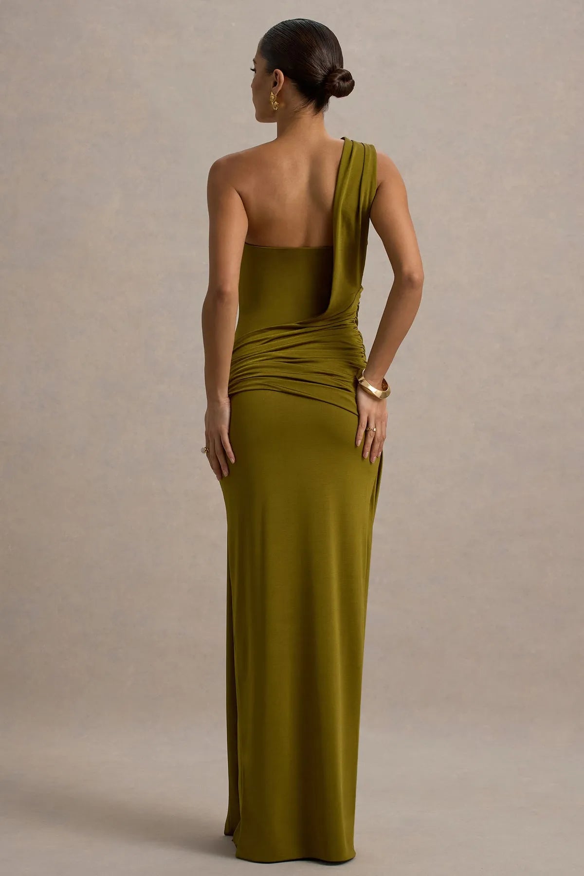 Green One - Shoulder Olive Prom Dress with Draped Detail Ruched Waist and High Side Slit Perfect for Formal Galas Evening Soirees and Glamorous Occasions