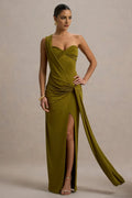 Green One - Shoulder Olive Prom Dress with Draped Detail Ruched Waist and High Side Slit Perfect for Formal Galas Evening Soirees and Glamorous Occasions