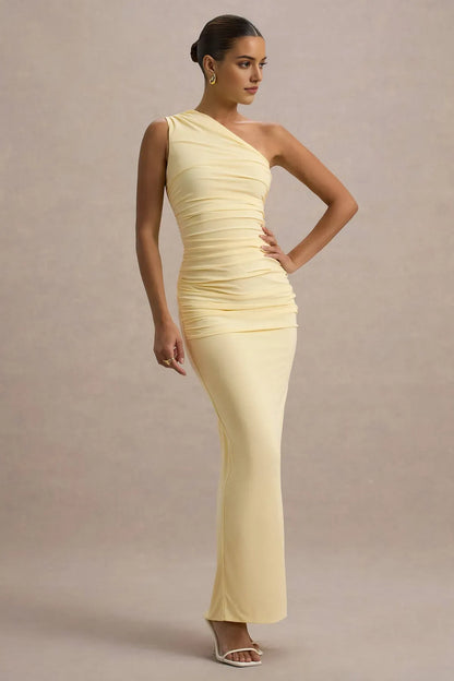 Elegant Red A-Line One-Shoulder Classic-Sleeve Classic-Back Floor-Length Prom Dress