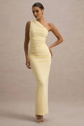 Yellow One - Shoulder Pale Prom Dress with Ruched Bodice and Figure Hugging Silhouette