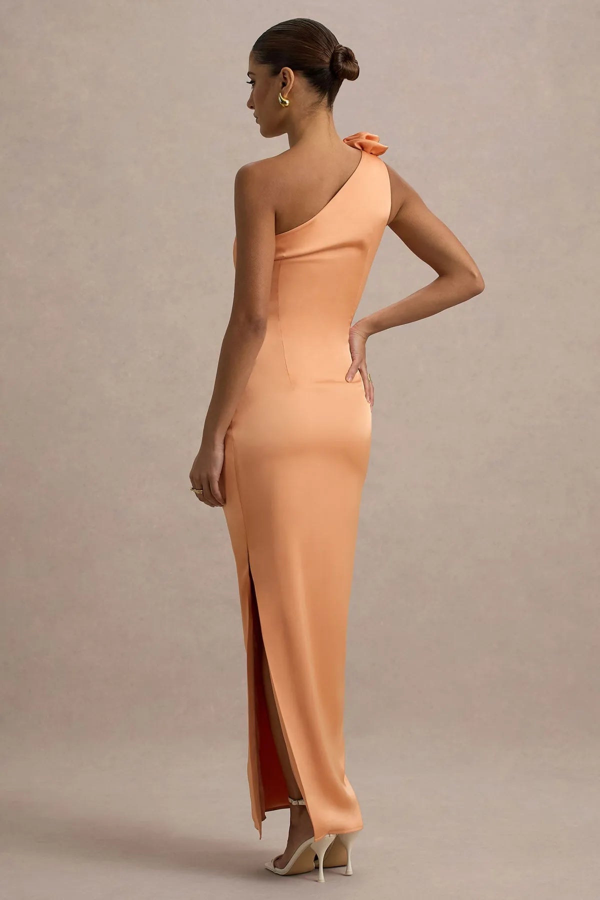 Peach One - Shoulder Prom Dress with 3D Flower Detail and Ruched Waist Floor - Length Bodycon Gown for Formal Events
