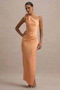 Peach One - Shoulder Prom Dress with 3D Flower Detail and Ruched Waist Floor - Length Bodycon Gown for Formal Events