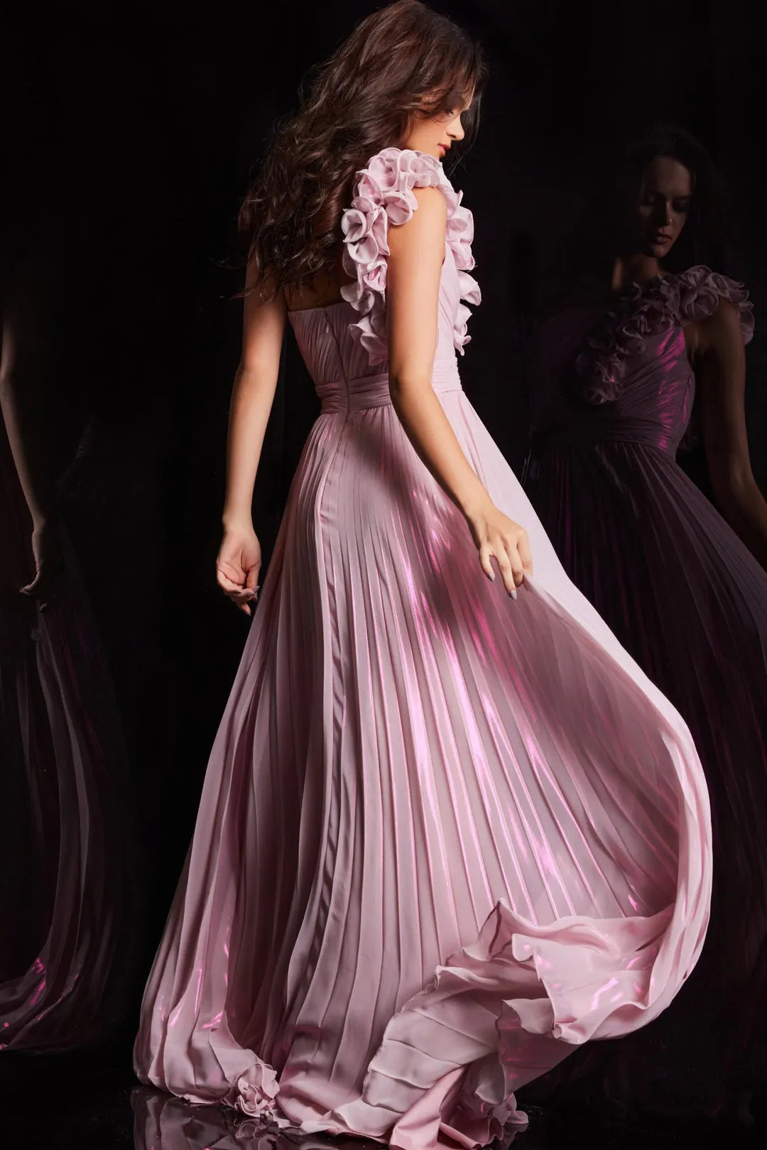 Pink One - Shoulder Pleated Prom Dress with Floral and High Side Slit for Formal Occasions