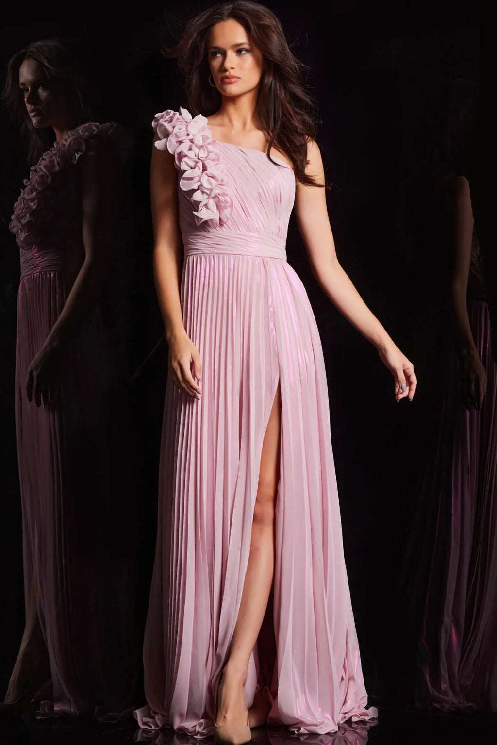Pink One - Shoulder Pleated Prom Dress with Floral and High Side Slit for Formal Occasions