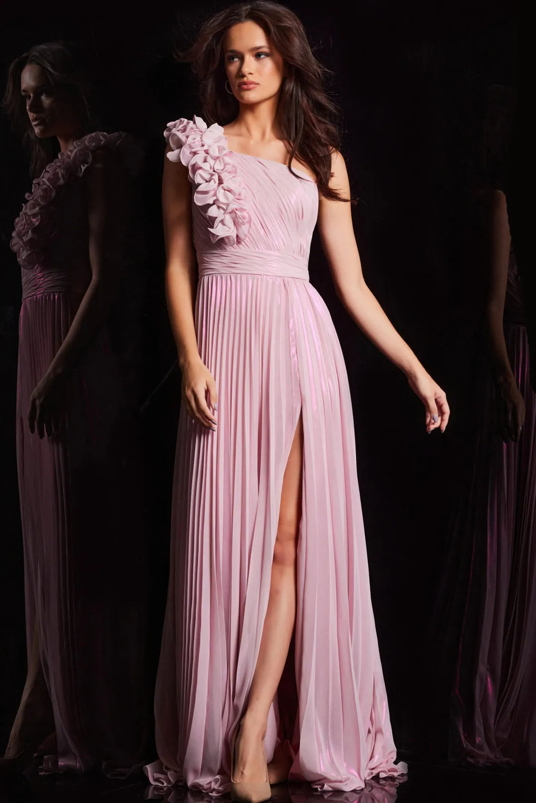 Pink One - Shoulder Pleated Prom Dress with Floral and High Side Slit for Formal Occasions