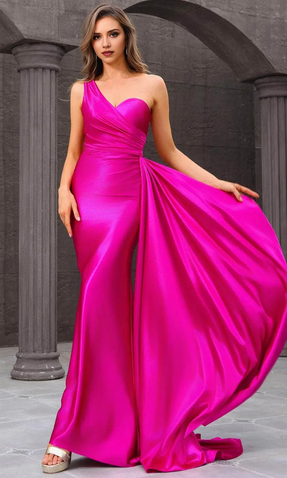 Pink One - Shoulder Mermaid Prom Dress with Draped Detail and Side Train Ideal for Formal Evening Galas