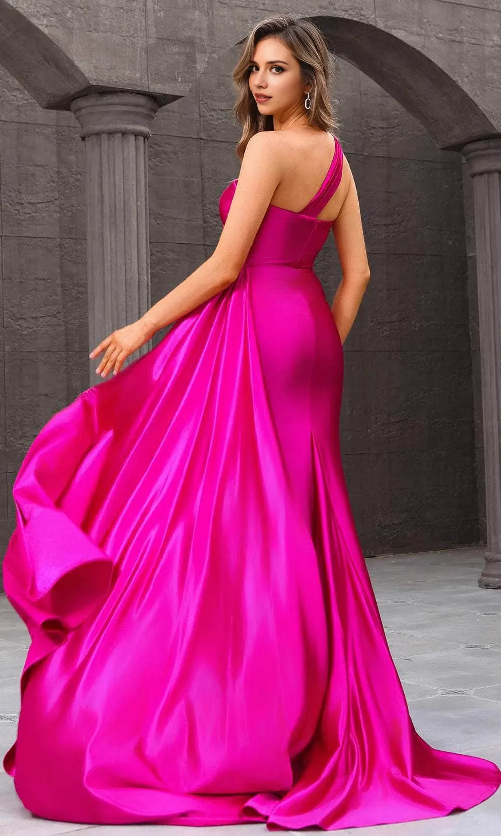 Pink One - Shoulder Mermaid Prom Dress with Draped Detail and Side Train Ideal for Formal Evening Galas