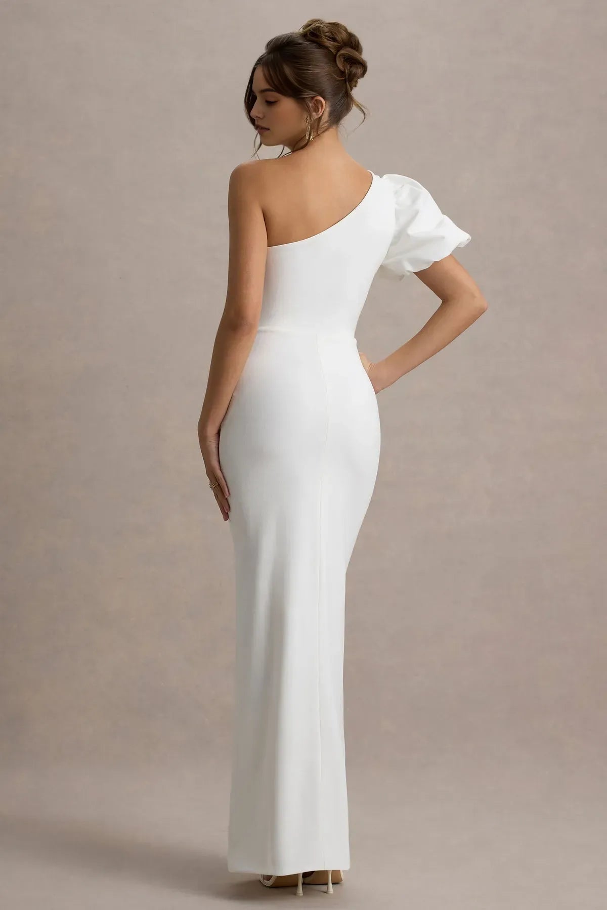 White One - Shoulder Prom Dress with Puff Sleeve Ruched Detailing and High Side Slit Timeless Formal Gown for Special Evenings