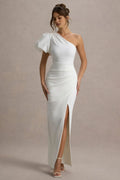 White One - Shoulder Prom Dress with Puff Sleeve Ruched Detailing and High Side Slit Timeless Formal Gown for Special Evenings