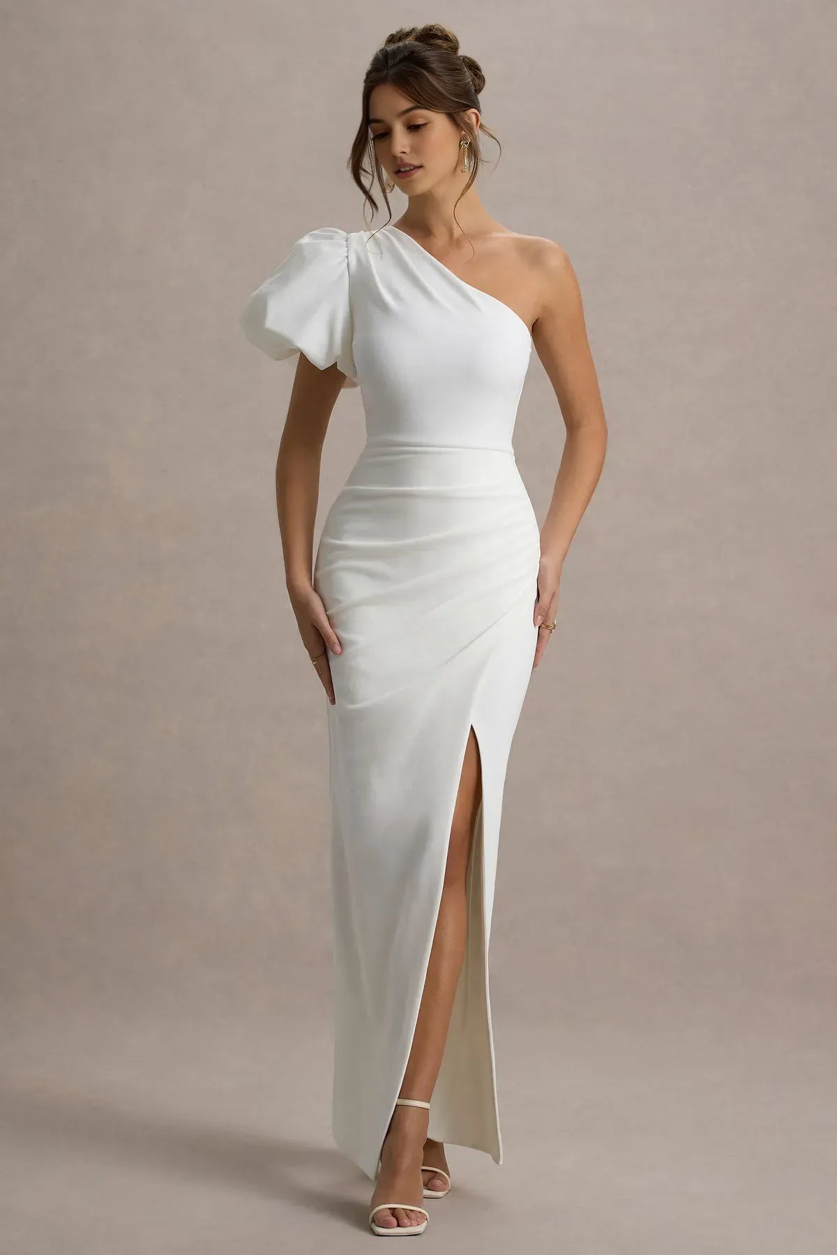 White One - Shoulder Prom Dress with Puff Sleeve Ruched Detailing and High Side Slit Timeless Formal Gown for Special Evenings