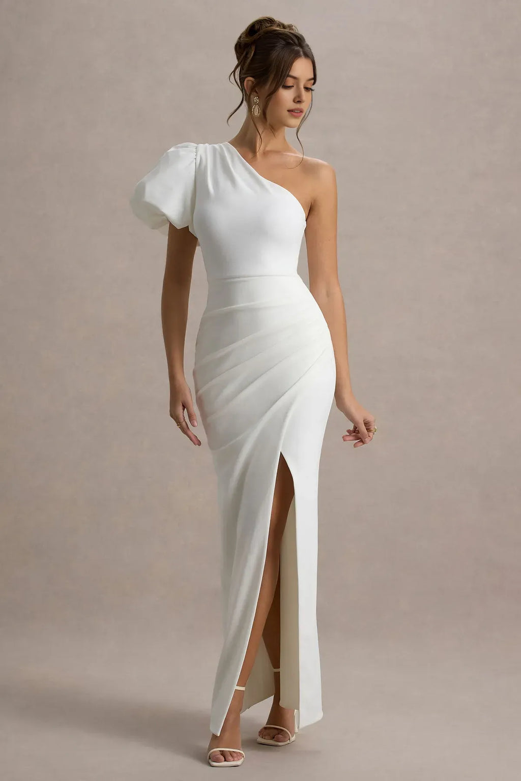 White One - Shoulder Prom Dress with Puff Sleeve Ruched Detailing and High Side Slit Timeless Formal Gown for Special Evenings