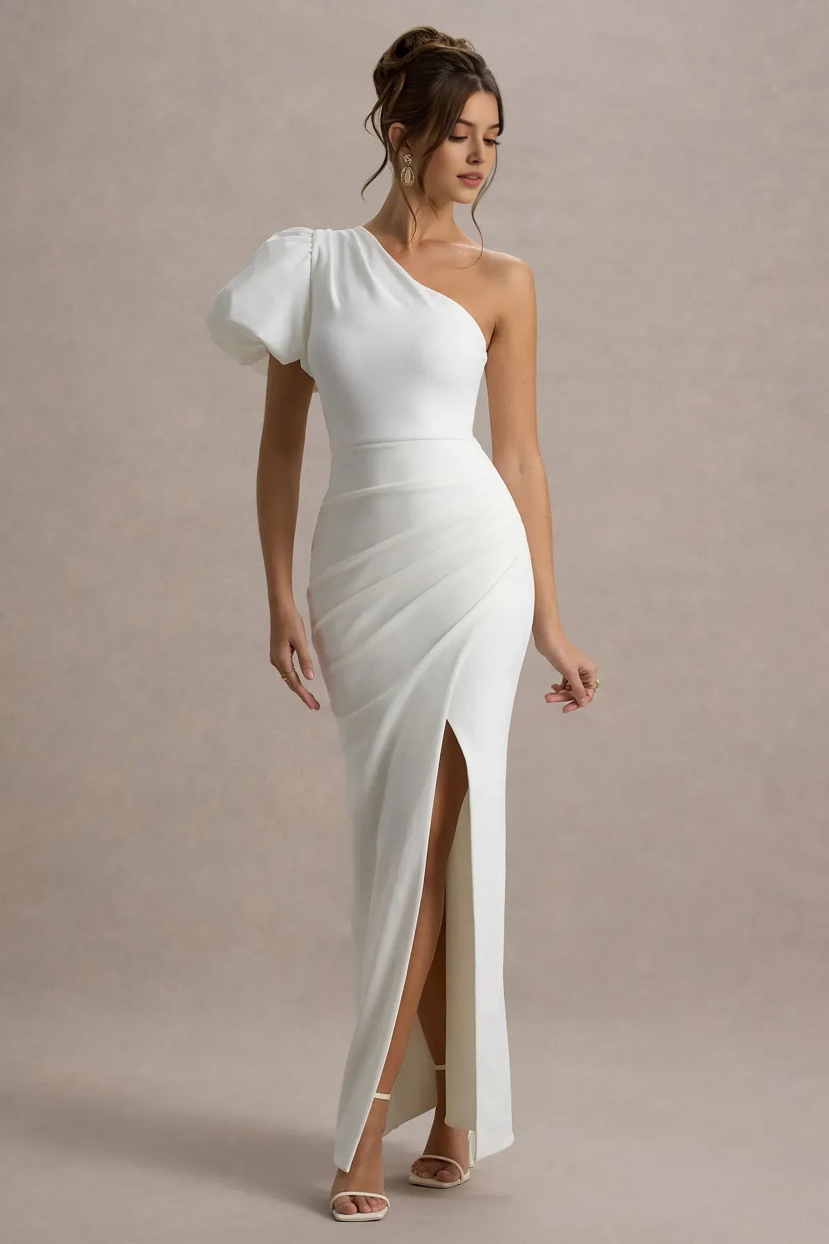 White One - Shoulder Prom Dress with Puff Sleeve Ruched Detailing and High Side Slit Timeless Formal Gown for Special Evenings