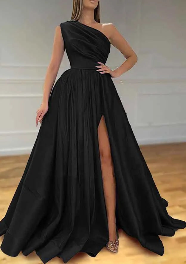 Purple One - Shoulder Purple Ball Gown with High Side Slit Flowy Skirt Vintage Inspi Drape Perfect for Formal Proms