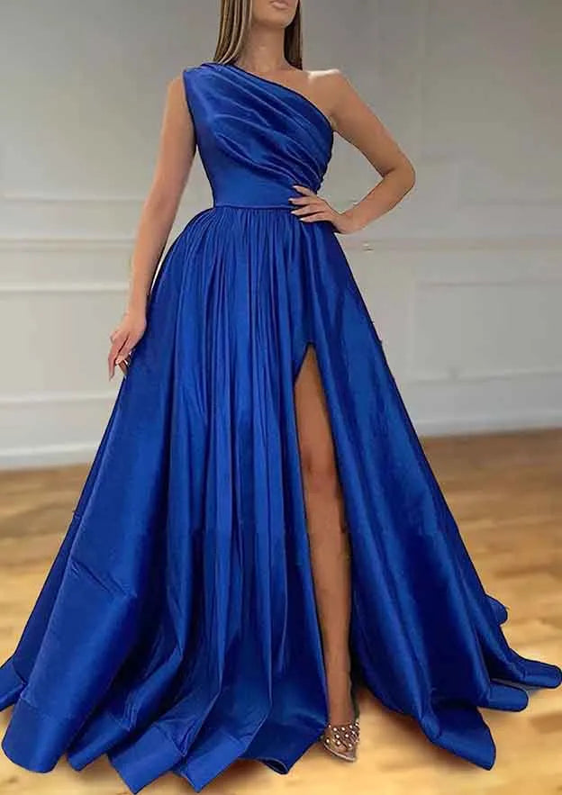 Purple One - Shoulder Purple Ball Gown with High Side Slit Flowy Skirt Vintage Inspi Drape Perfect for Formal Proms