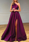 Purple One - Shoulder Purple Ball Gown with High Side Slit Flowy Skirt Vintage Inspi Drape Perfect for Formal Proms