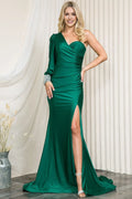 Green One Shoulder Emerald Mermaid Prom Dress with Ruched Detailing Slit and Bejeweled Cuff