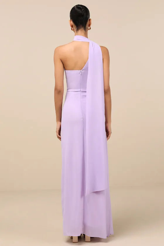 Lilac One Shoulder Maxi Dress with Draped Sash and Side Slit Perfect for Proms Balls and Glamorous Occasions