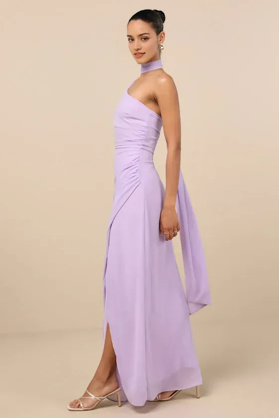 Lilac One Shoulder Maxi Dress with Draped Sash and Side Slit Perfect for Proms Balls and Glamorous Occasions