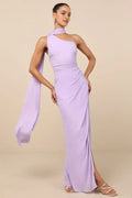 Lilac One Shoulder Maxi Dress with Draped Sash and Side Slit Perfect for Proms Balls and Glamorous Occasions