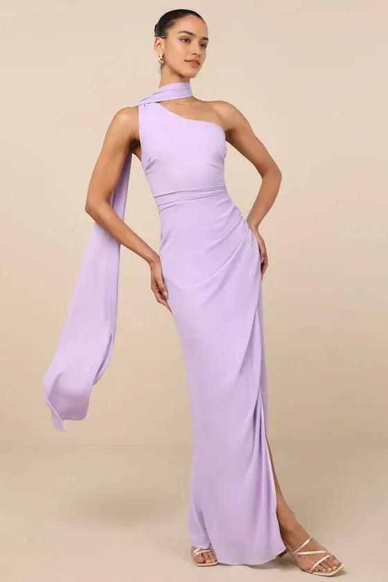 Lilac One Shoulder Maxi Dress with Draped Sash and Side Slit Perfect for Proms Balls and Glamorous Occasions