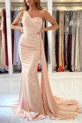One Shoulder Long Prom Dress Mermaid Evening Gowns With Ruffles