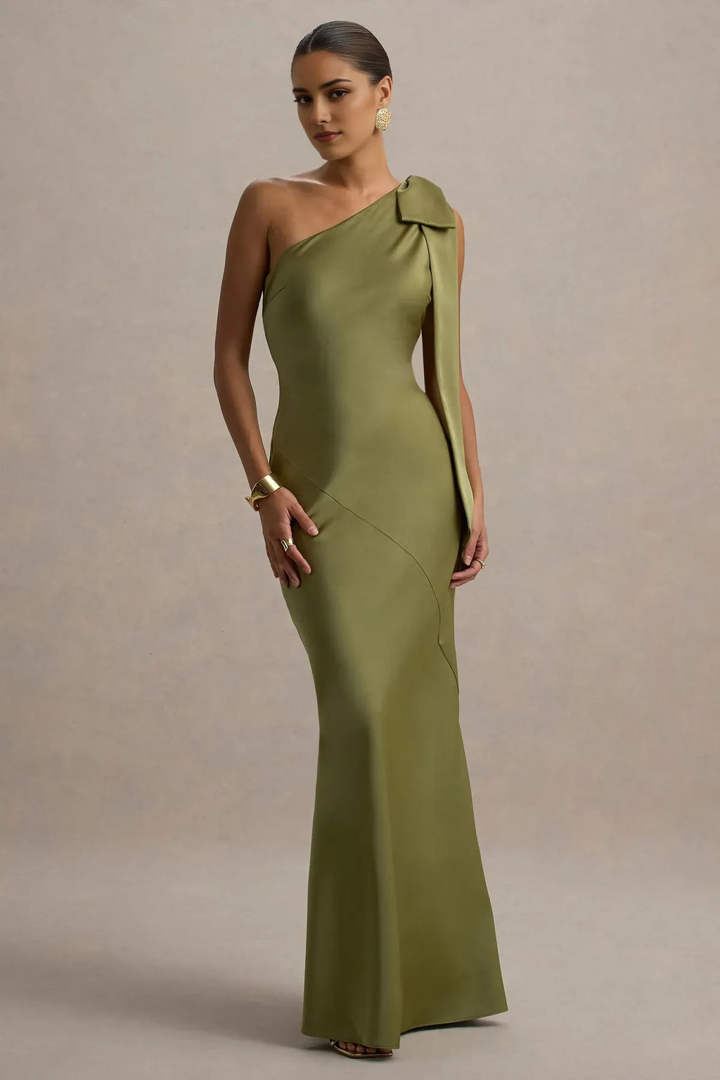 Green One Shoulder Olive Prom Dresses with Bow Accent for Prom Nights