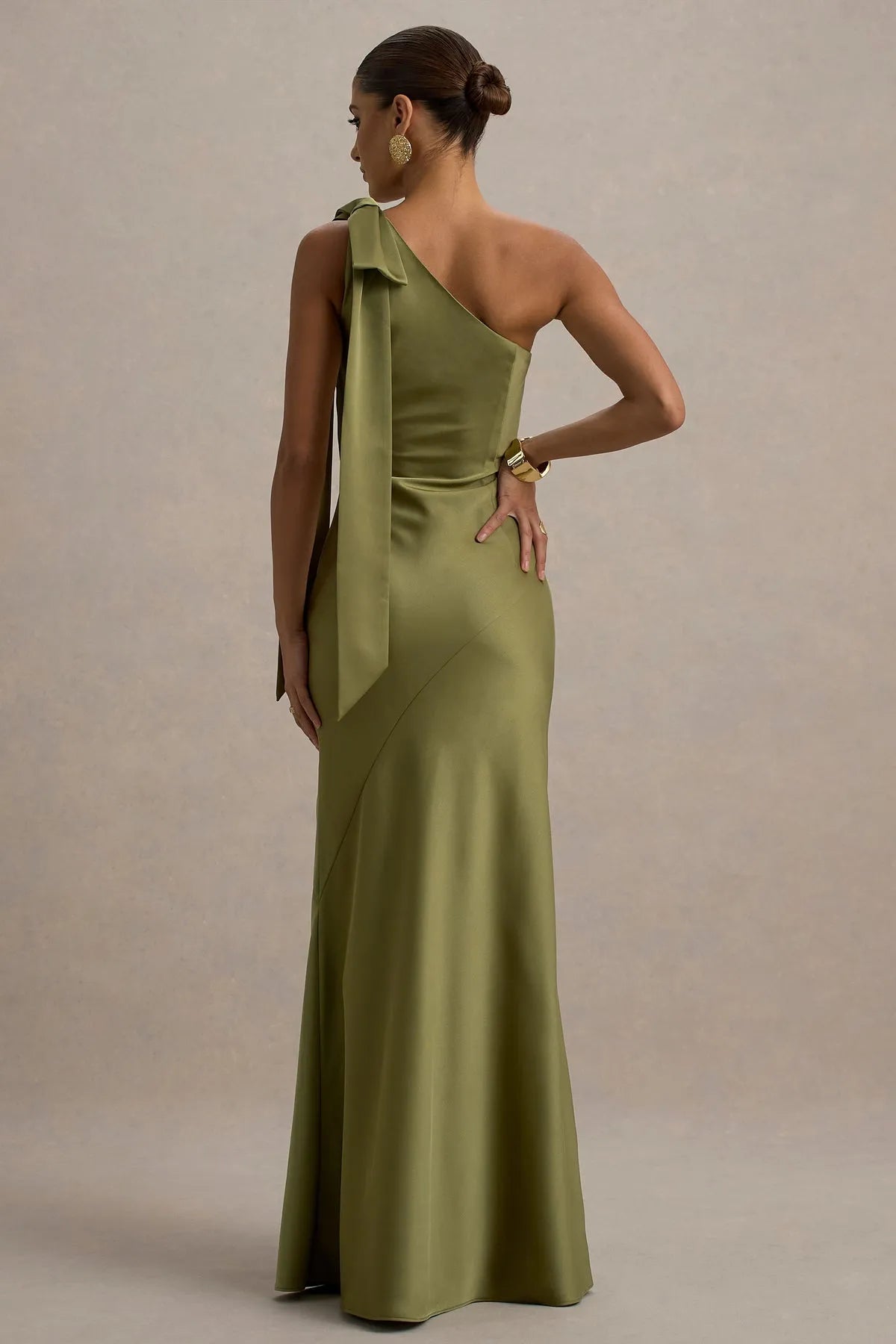 Green One Shoulder Olive Prom Dresses with Bow Accent for Prom Nights