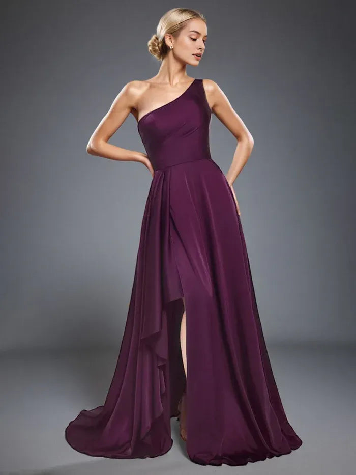 One Shoulder Sleeveless A Line Ruffles Maxi Prom Dress With Slit