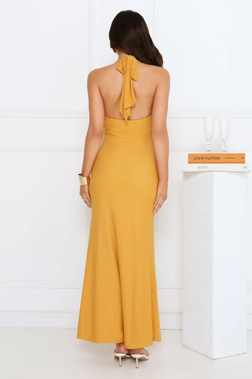 Orange Sheath Halter Neck Sleeveless Draped Tie Back Floor-Length Prom Dresses